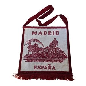 Madrid Espana Red & Cream Boho Fringe Tote Bag 13" x 15" Including Fringe